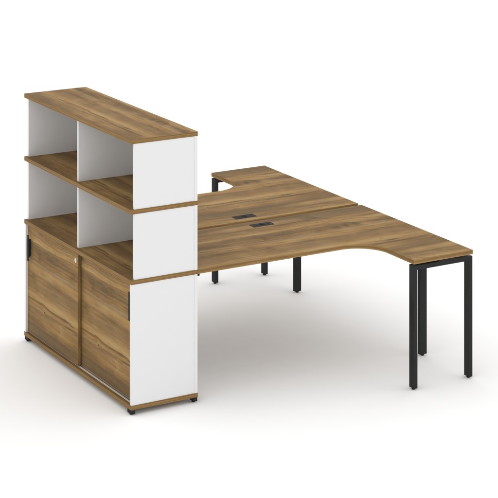 Рабочая станция на 2 рабочих места с опорным шкафом-купе с надставкой высокой Концепт 2000*2400*1530 Концепт Сандал Янтарный/Черный металл